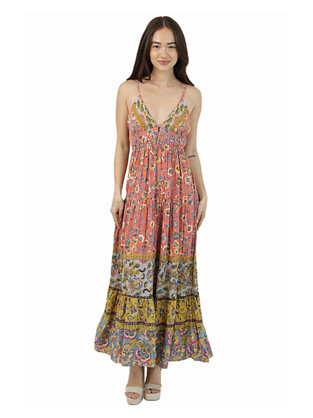 Angie Patchwork Maxi Dress | Coral Bodice | Tiered Skirt | Boho Wanderer Style